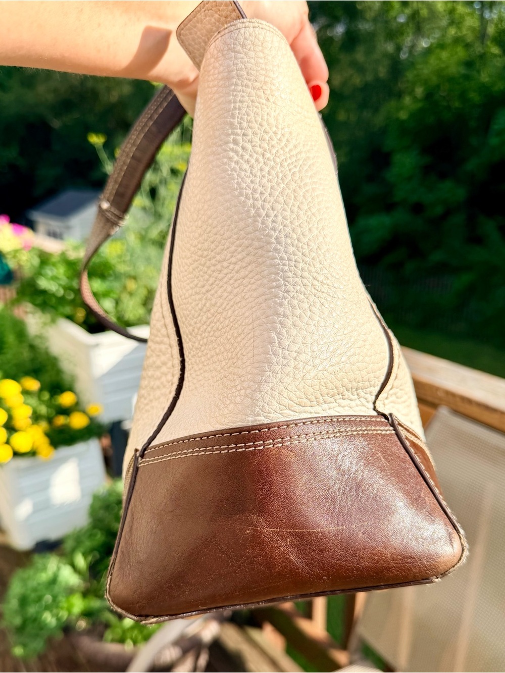 Coach Hamptons Ivory Pebbled Leather Tote Shoulder Bag Brown Trim F13960 Large - Picture 4 of 11